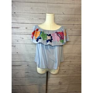 J Marie Off The Shoulder Crop Embroidered Shirt Size medium Blue Ruffle Boho